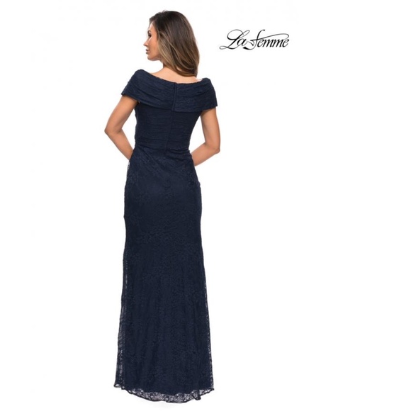 NEW LA FEMME Navy PORTRAIT NECK Ruched Waist SPARKLE LACE Trumpet EVENING GOWN 8 - Picture 16 of 16